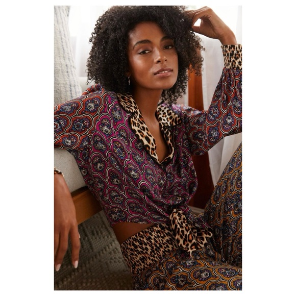 NWT Anthropologie Patterned Crop Tie Lounge Top in Purple Motif Size Small - Picture 1 of 12